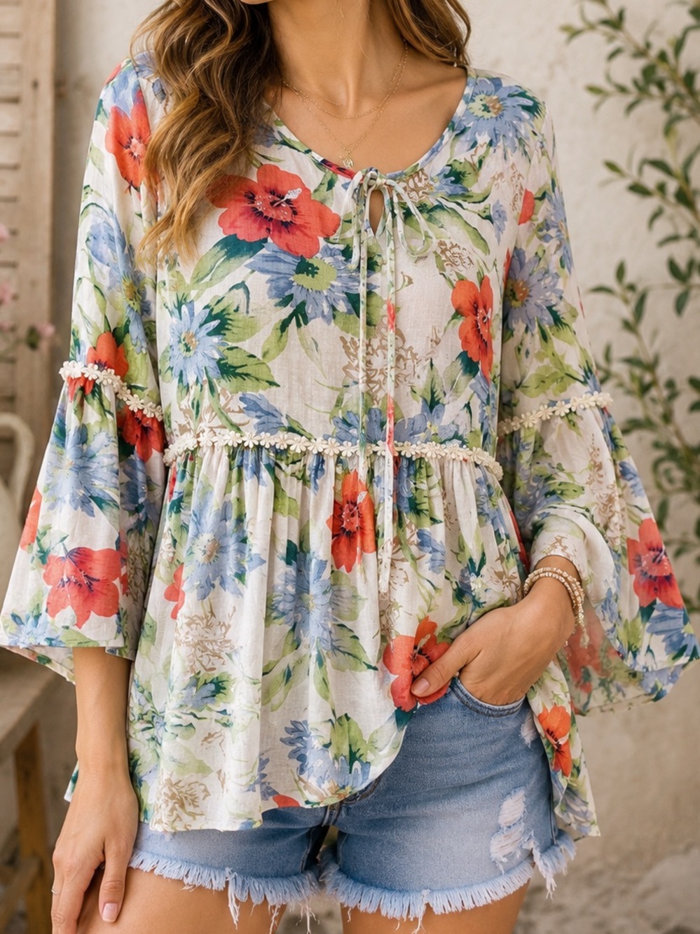 Easel Women’s Floral Babydoll Linen Blend Tunic Top size Medium